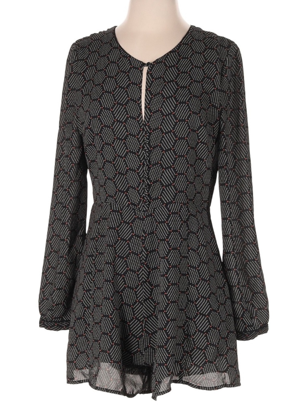 Anthropologie Harlyn Honeycomb Print Long-Sleeve Romper in Black & Cream - Picture 2 of 16